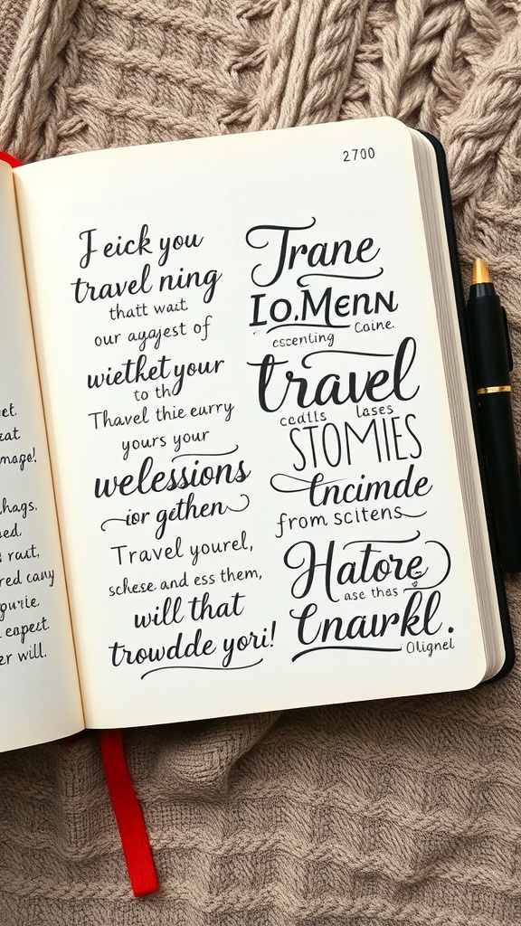 A travel journal open with artistic quotes about travel written in stylish fonts.