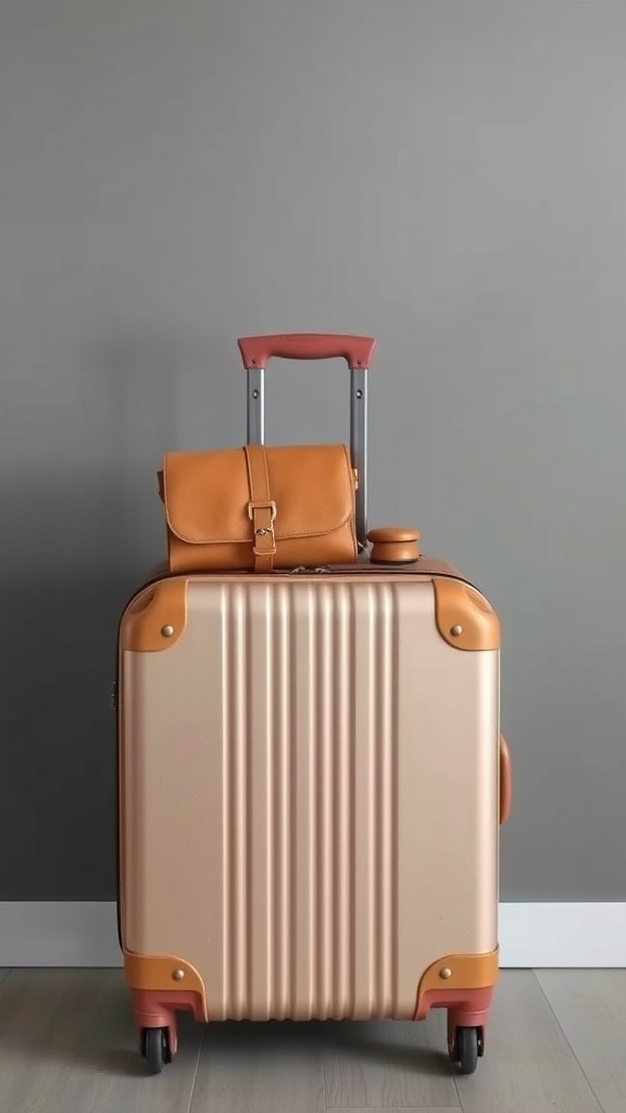 A stylish carry-on suitcase with a matching bag on top, ready for travel.