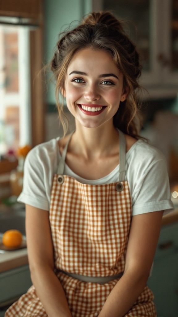 A person with a twist-back ponytail smiling in a kitchen.