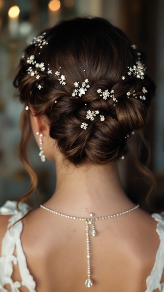 A woman's back view showcasing a twisted crown braid hairstyle adorned with jewels and floral embellishments, complemented by elegant accessories.