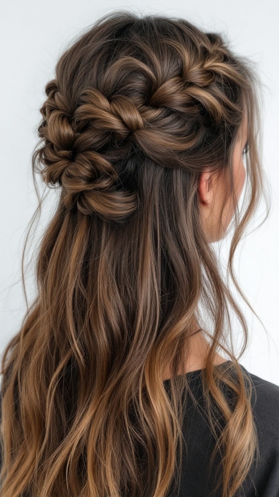 A woman with long hair styled in a twisted half-up braid.