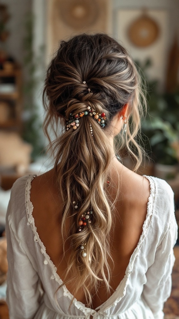 A woman with a twisted half-up hairstyle adorned with colorful boho jewelry.