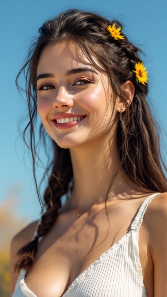 A young woman with a twisted half-up hairstyle and sunflowers in her hair, smiling against a blue sky.