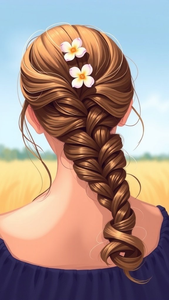 A twisted low ponytail adorned with flowers, showcasing a boho wedding hairstyle.