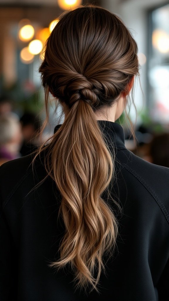 A stylish twisted ponytail hairstyle for long, thick hair.