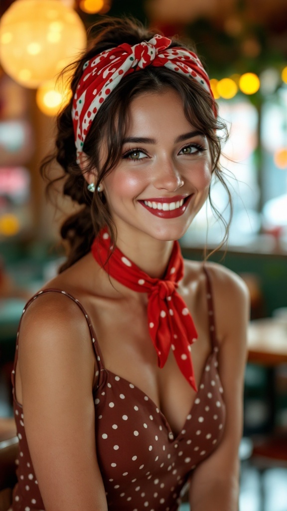 A woman with a twisted wrap ponytail wearing a polka dot dress and a red scarf.