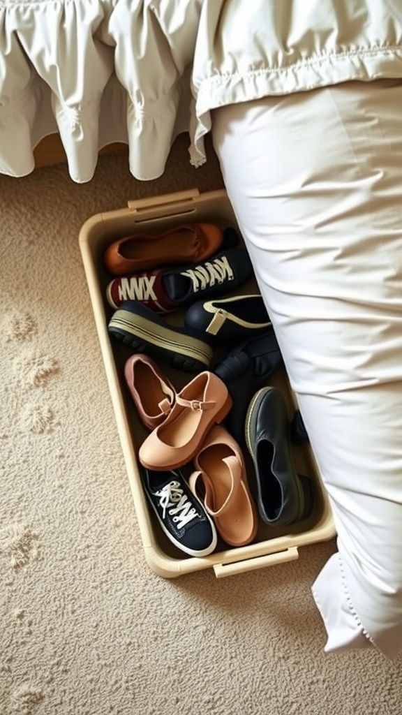 A container filled with various shoes stored under a bed.