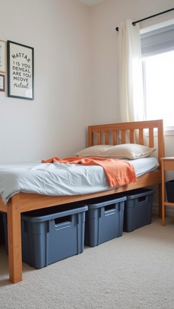 A minimalist bedroom with a bed and storage bins under it.