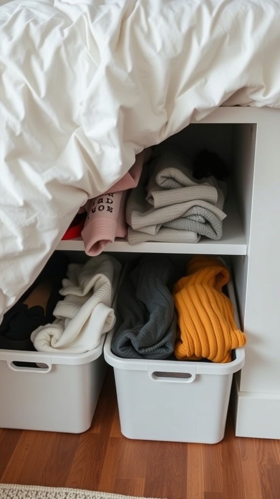 Organized under-bed storage with bins holding folded clothes.