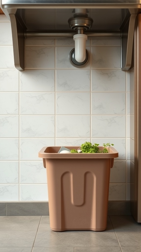 Under-sink compost bin with kitchen scraps and herbs.