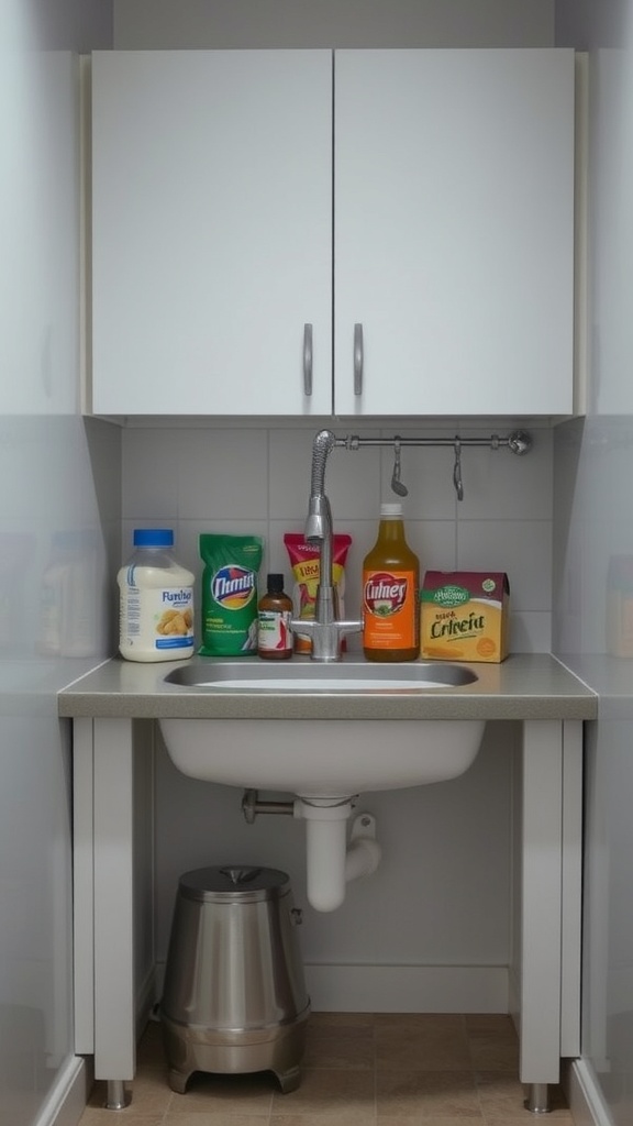Under-sink storage area with cleaning supplies and a sink.