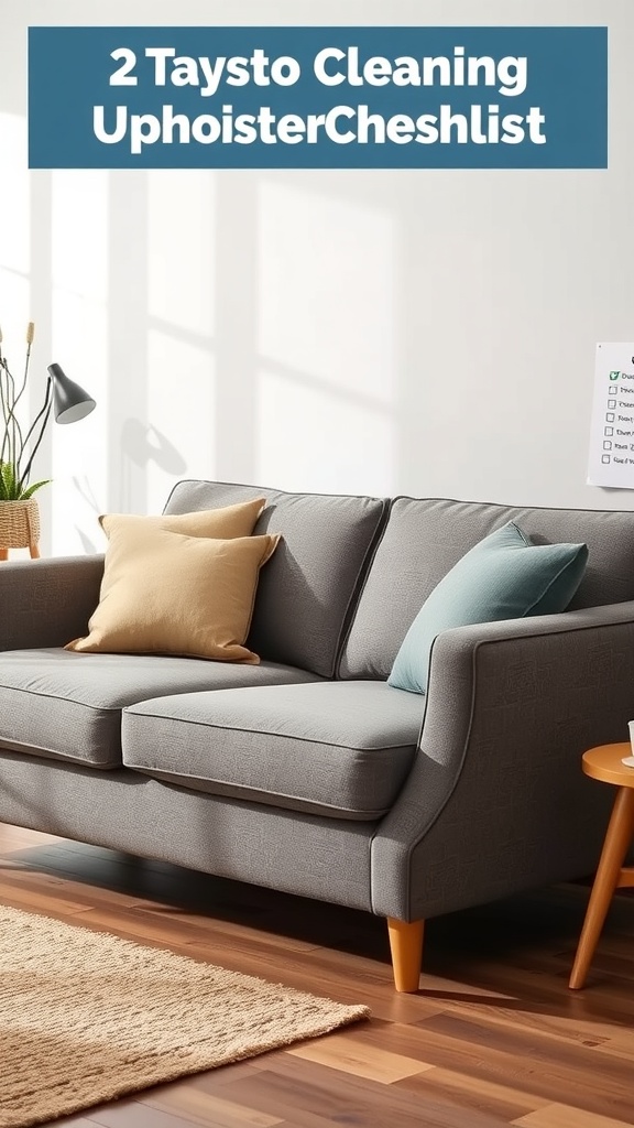 A modern gray sofa with colorful cushions in a bright room