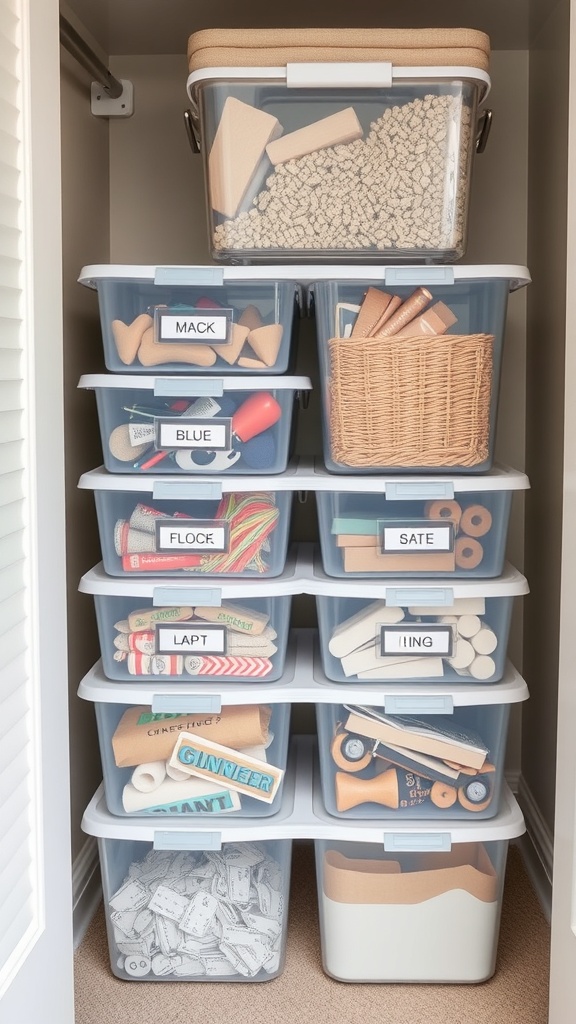 A neatly organized closet with clear storage bins labeled for easy identification.