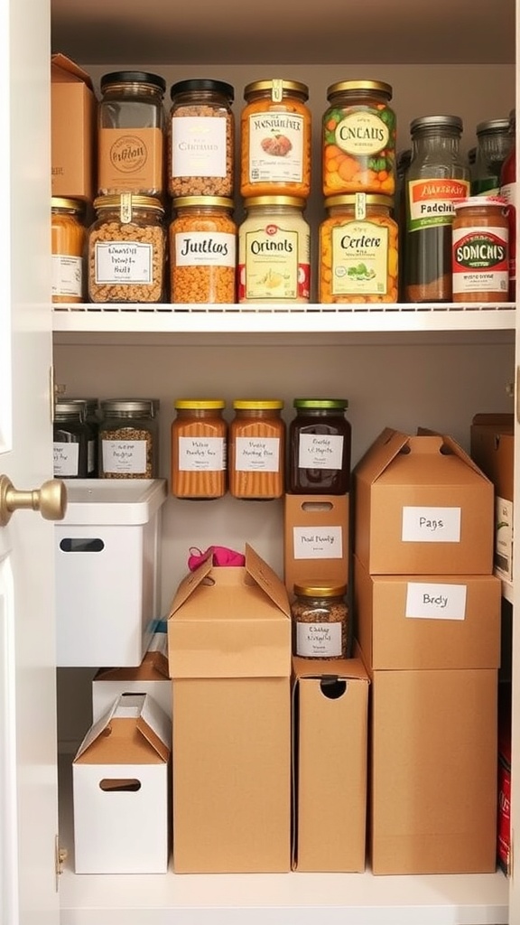 Organized pantry with labeled jars and boxes