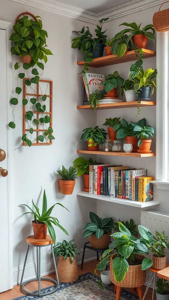 A cozy corner with wooden shelves filled with plants and books.