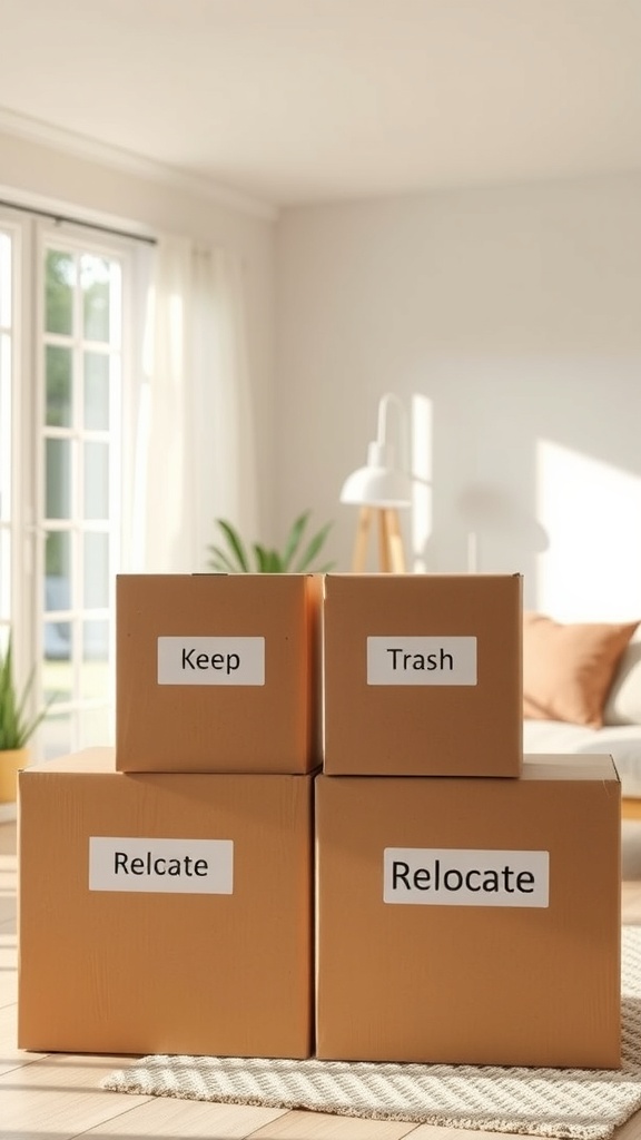 Four boxes labeled Keep, Trash, Relocate, and Donate in a bright room.