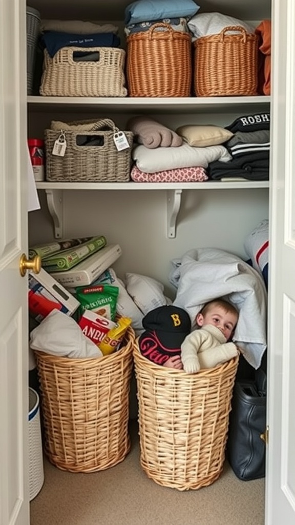 A closet with various baskets and a child peeking out from one of them.