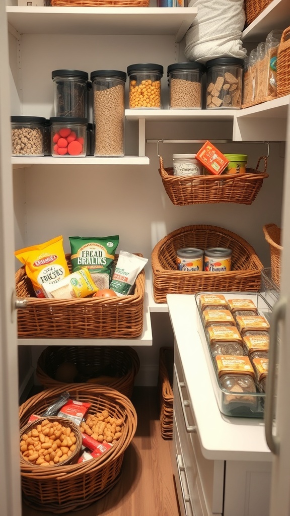 A well-organized pantry with baskets containing various food items.
