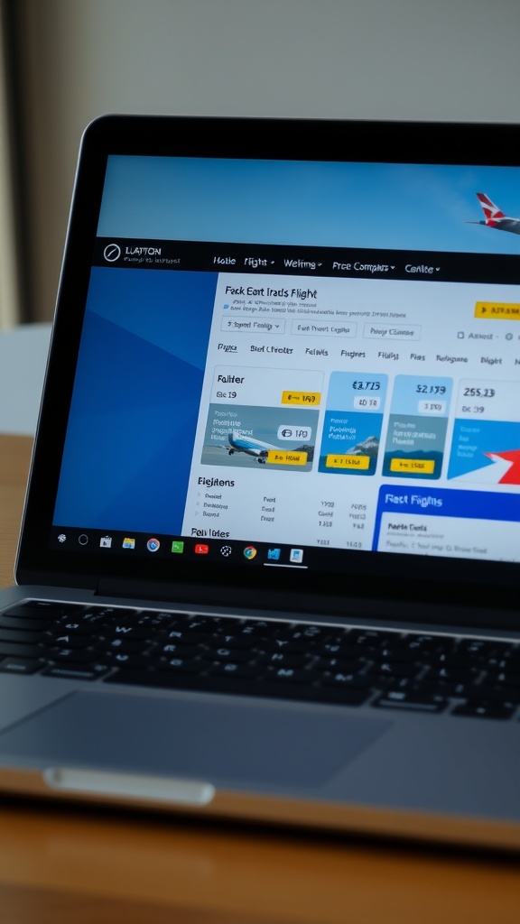 A laptop displaying a fare comparison tool for flights.