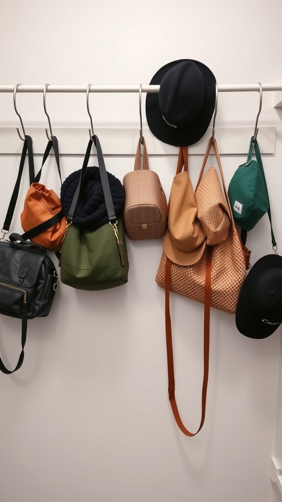 A row of hooks displaying various bags and hats for organization.