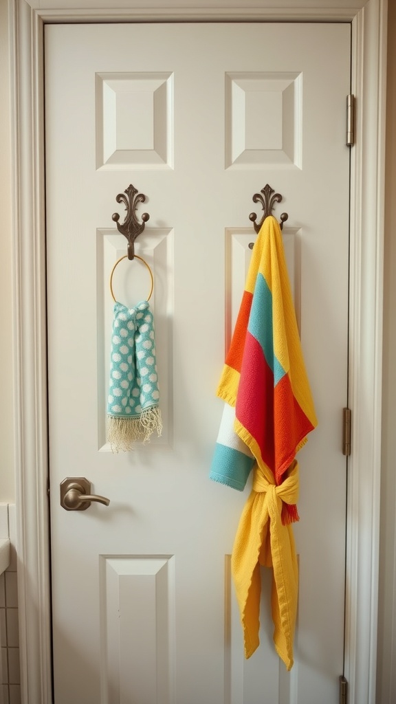 Colorful towels and a robe hanging on decorative hooks on a bathroom door.