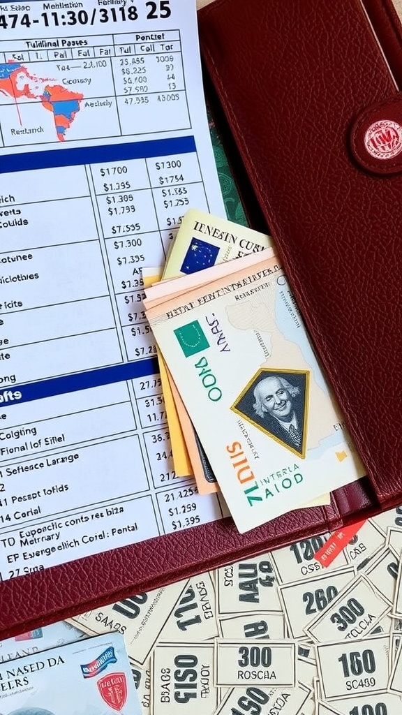 A wallet with local currency and travel documents.