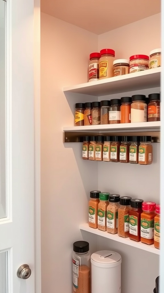 Magnetic strips holding various spice jars in a pantry.