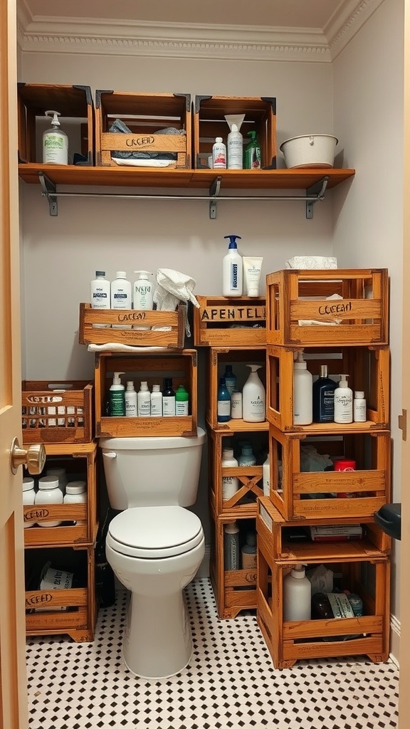 A bathroom with wooden crates used for storage, showcasing a neat and organized space.