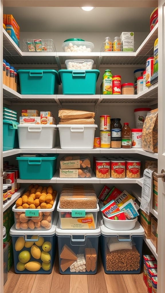 Organized pantry with stackable bins and labeled containers.