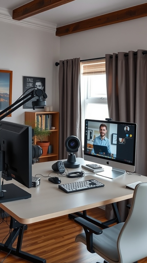 A modern home office setup featuring a computer, webcam, and microphone for virtual collaboration.