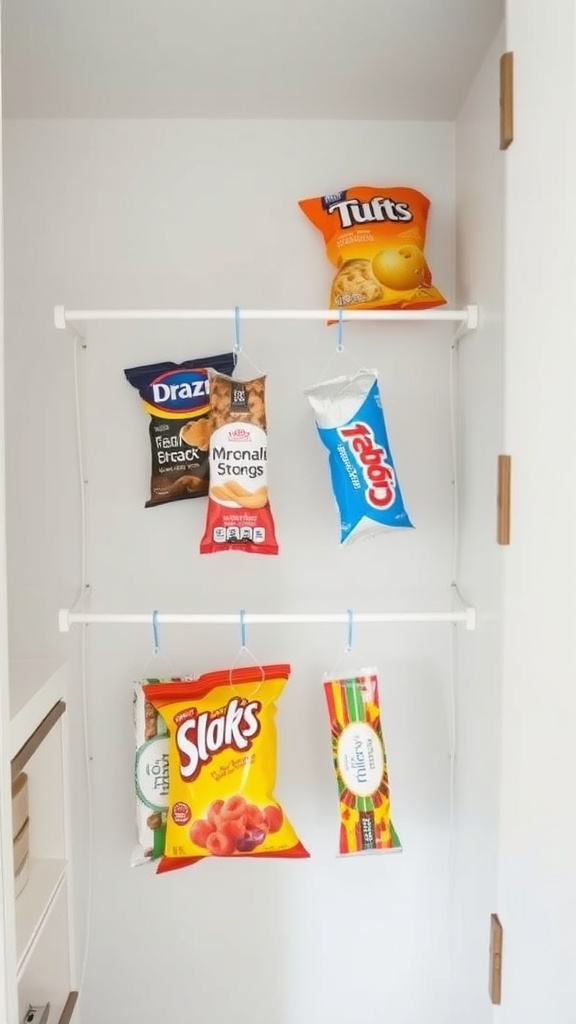 Tension rods holding various snack bags in a pantry.