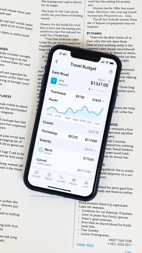 A smartphone displaying a travel budget app on a table with printed text.