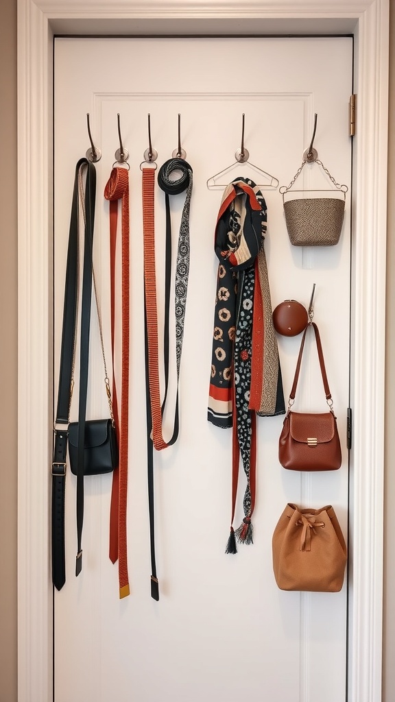A closet door with various accessories like belts, scarves, and bags neatly organized on hooks.
