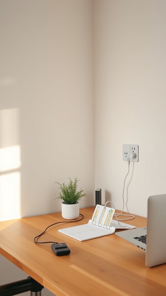 A modern home office setup with a laptop, planner, and a small plant on a wooden desk, featuring smart plugs on the wall.