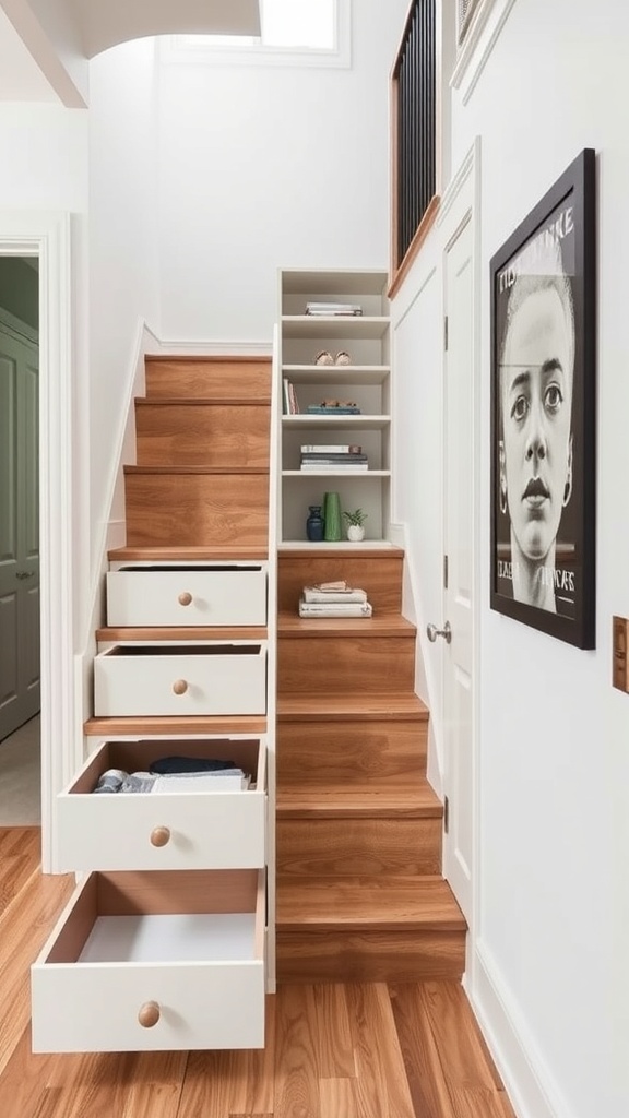 Stairs with built-in storage drawers and shelves.