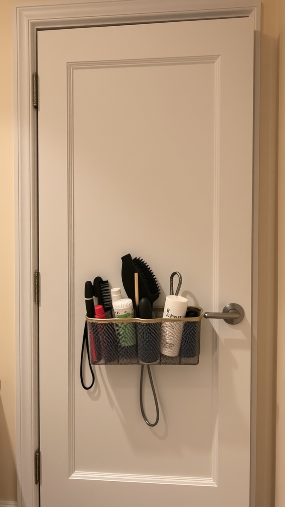 A bathroom door with a hanging organizer filled with hair products and brushes.