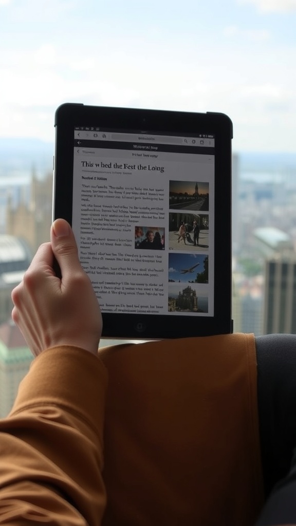 A person holding a tablet displaying a travel blog with city views in the background.