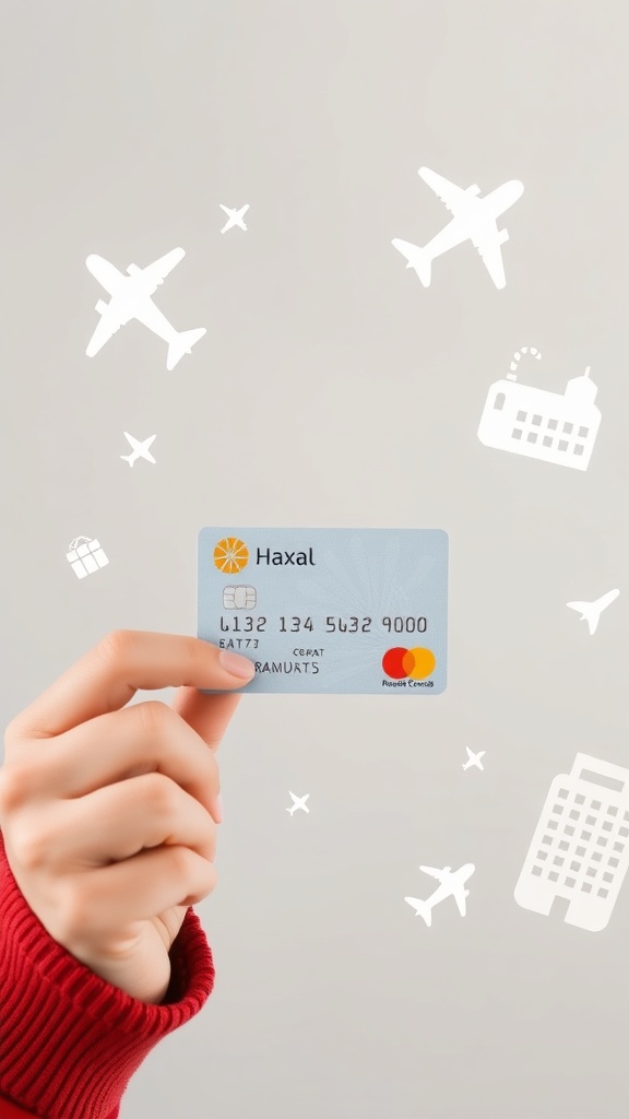 A hand holding a travel rewards card with airplane and hotel icons in the background