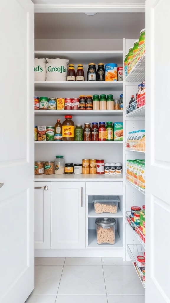 A well-organized pantry with shelves displaying various jars, cans, and containers.
