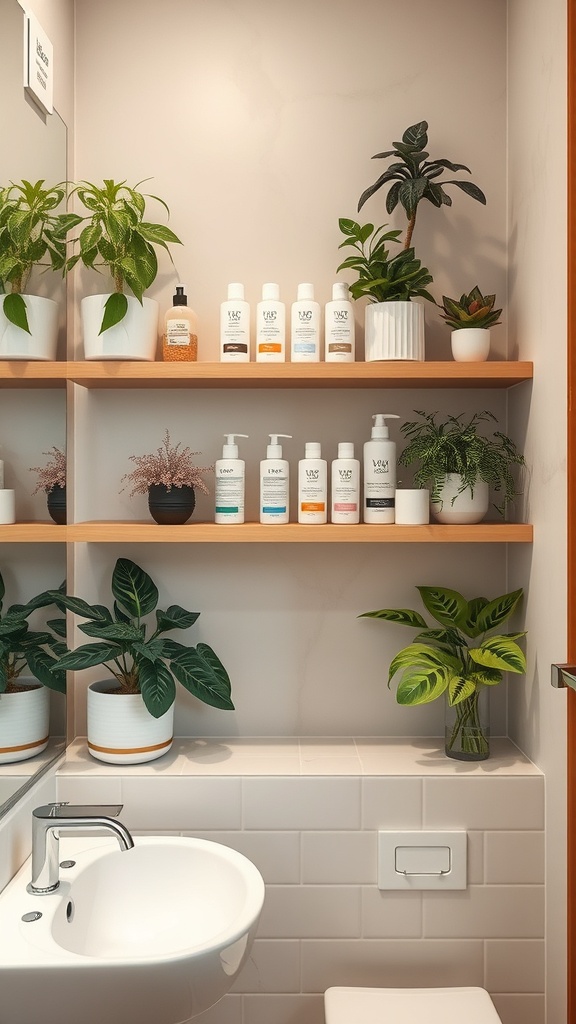 Bathroom shelving unit with plants and toiletries