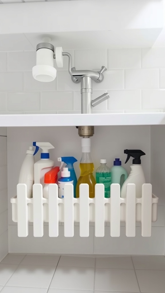 Under-sink storage with vertical dividers for cleaning bottles