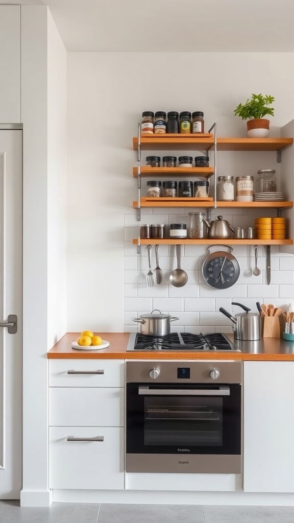 A minimalist kitchen with open shelves displaying jars, utensils, and a small plant.