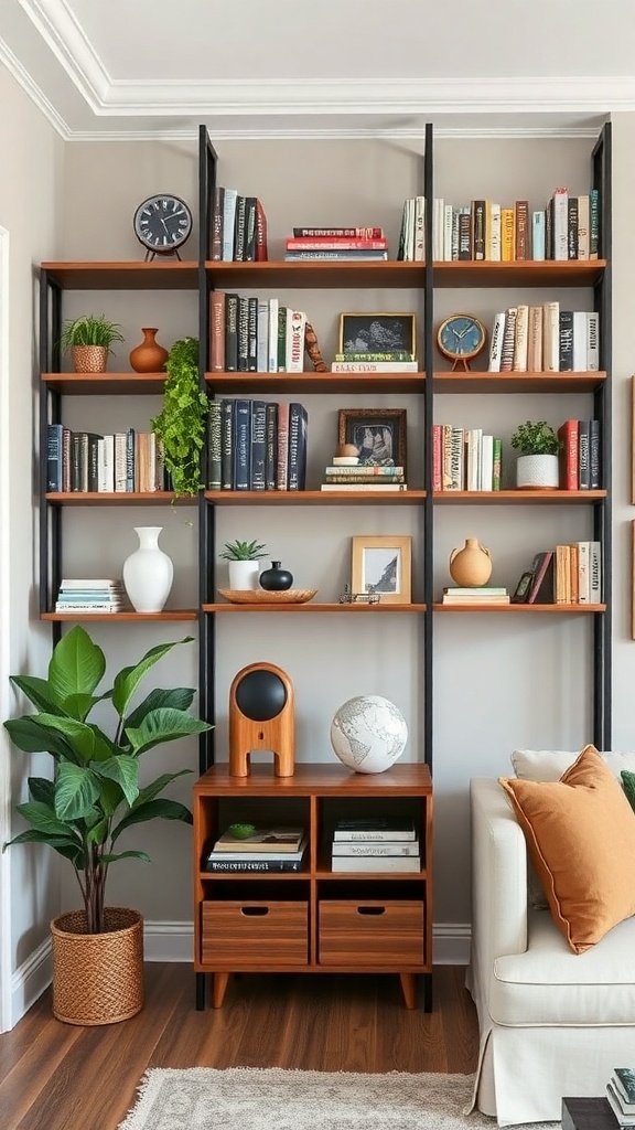 A stylish vertical wall shelf displaying books, plants, and decorative items in a cozy living room.