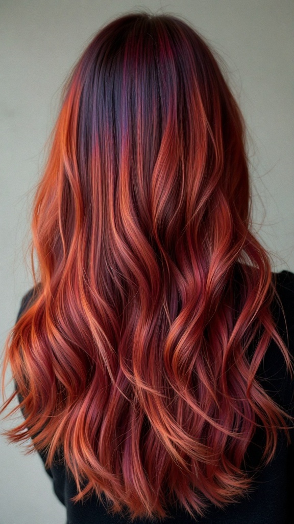 A vibrant balayage hairstyle featuring bright reds and oranges on long, thick hair.
