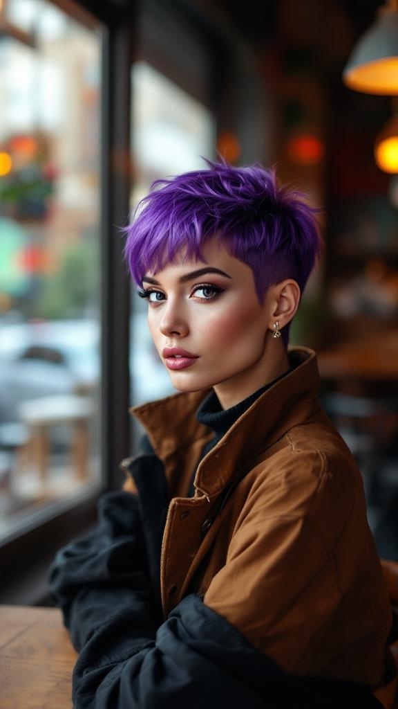 A person with a vibrant violet pixie cut, wearing a brown jacket, sitting indoors.