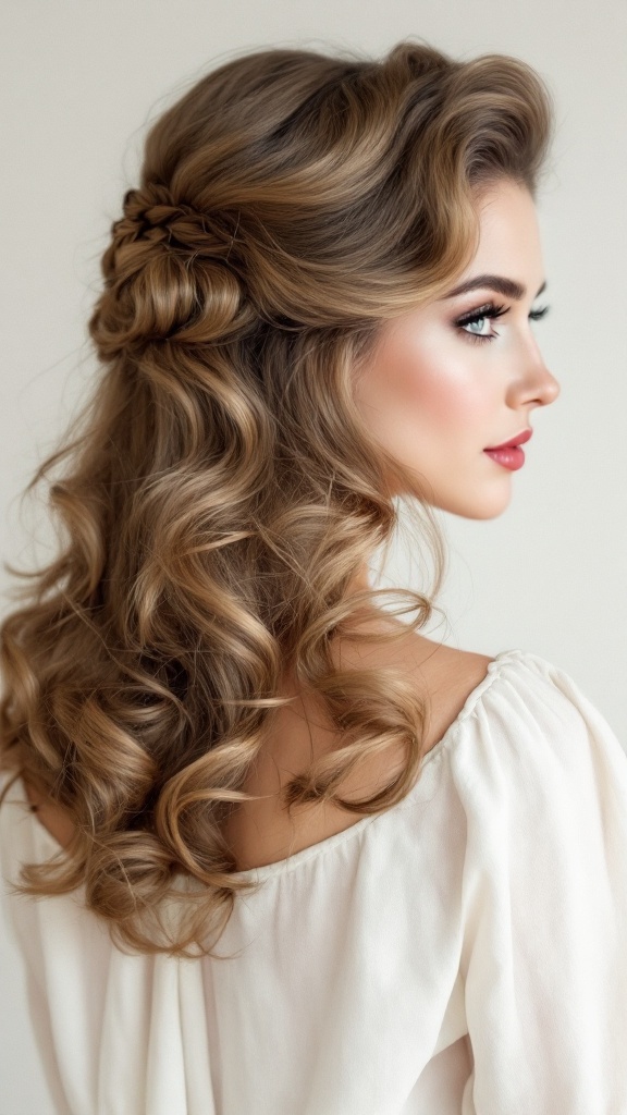 A vintage half-up hairstyle with soft waves and a twisted crown.