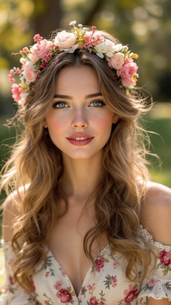 A woman with long, wavy hair wearing a floral headband.