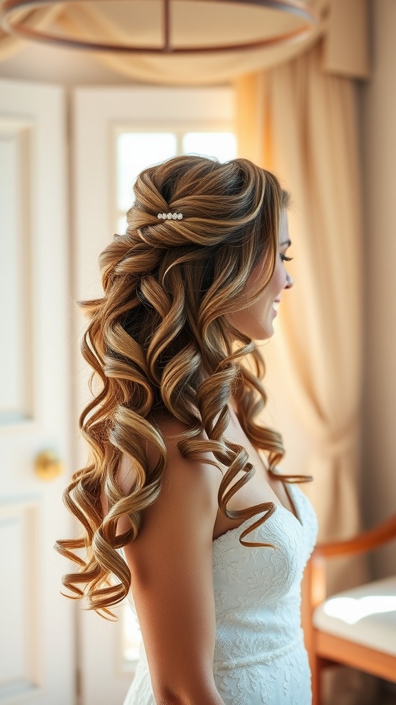 Bride with voluminous half-up, half-down hairstyle featuring soft curls and a decorative hairpin.