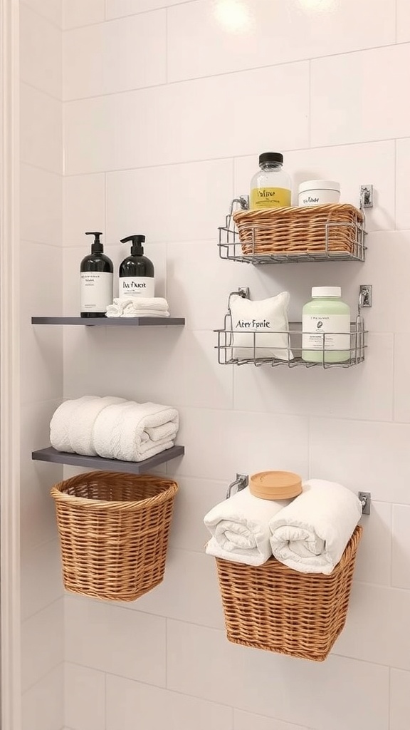 Wall-mounted baskets holding towels and toiletries in a bathroom