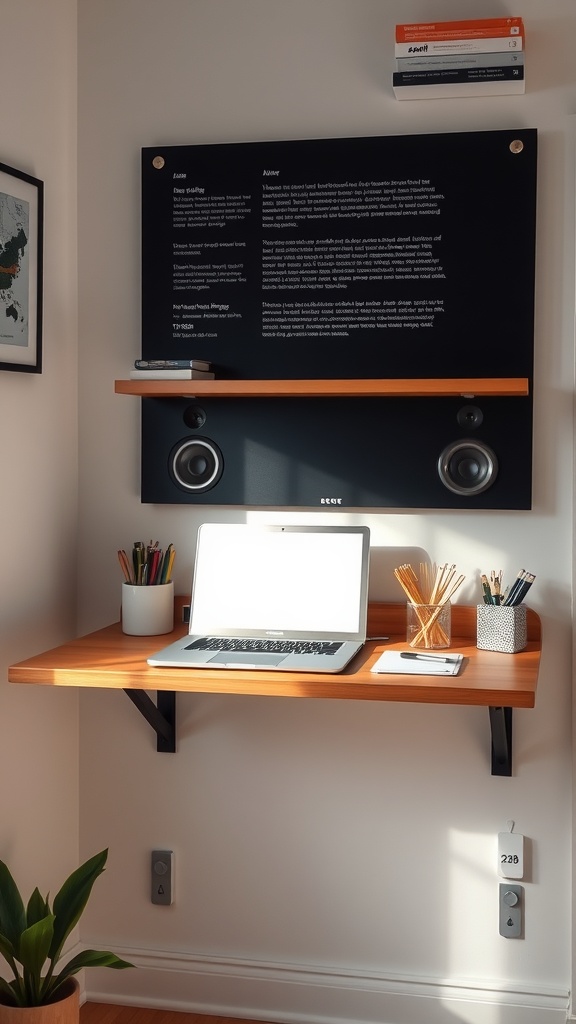 A modern wall-mounted desk with a laptop, stationery, and speakers, showcasing an efficient use of small space.